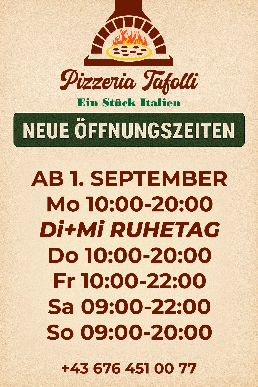 Neue Öffnungszeiten ab 1. September 2025